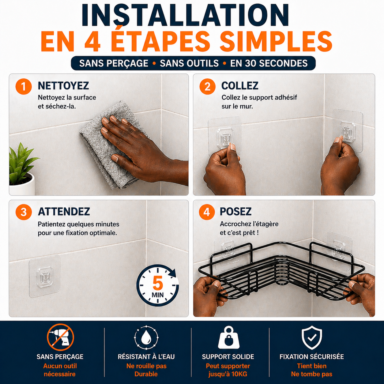 Étagère d’angle sans perçage – Salle de bain
