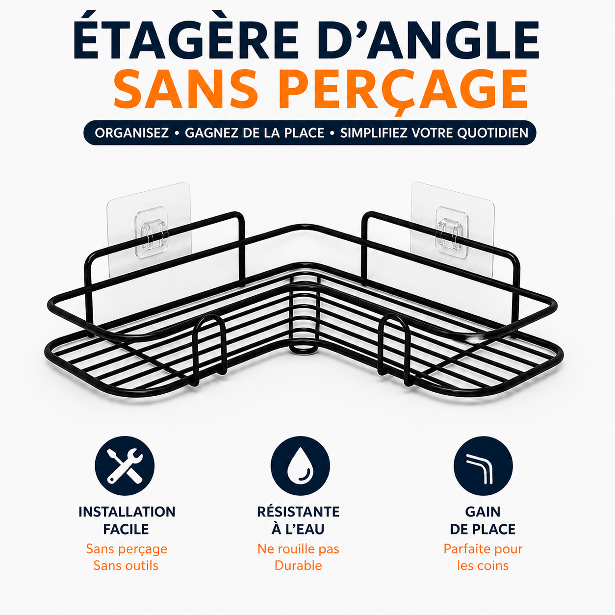 Étagère d’angle sans perçage – Salle de bain