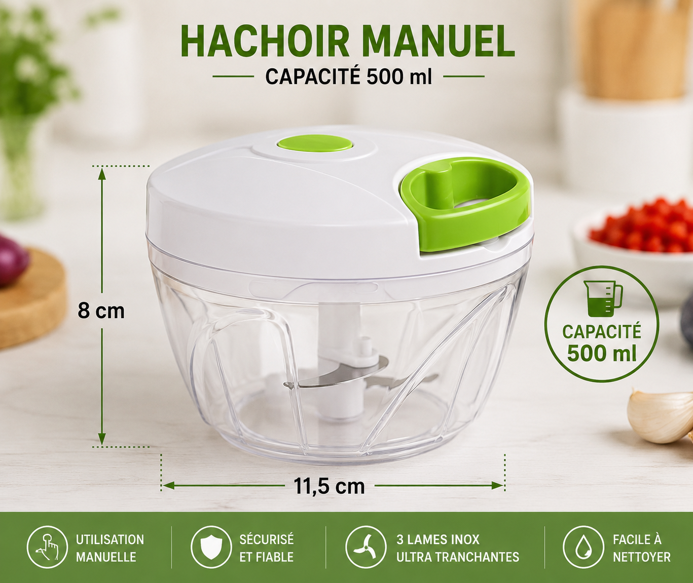 Mini Hachoir Manuel Sans Électricité – 3 lames inox
