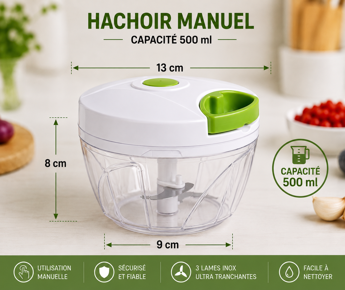 Mini Hachoir Manuel Sans Électricité – 3 lames inox