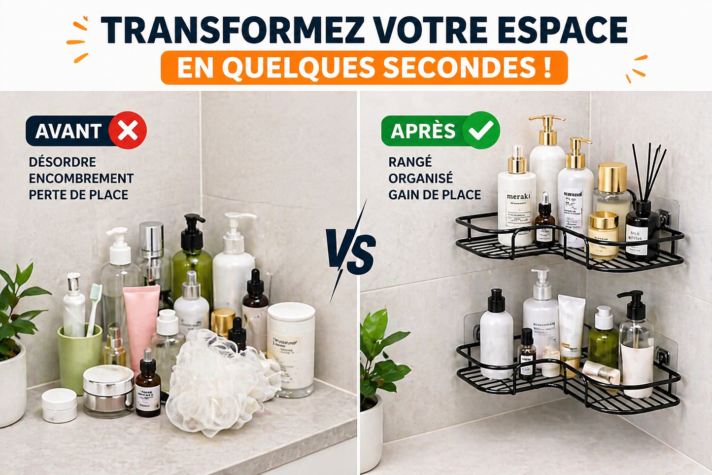 Étagère d’angle sans perçage – Salle de bain